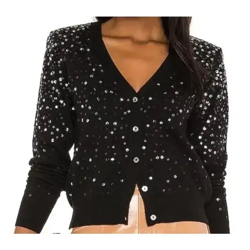 Cinq a Sept Nancy Sequin Cropped Cardigan Sweater Black Party Luxury Glam Small - Picture 1 of 9